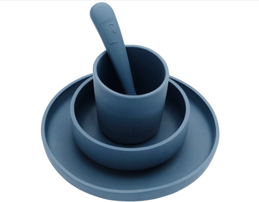 [434608] EETSET, jeans blue, uni, siliconen, 4 delig: plat bord, kom, lepel, drinkbeker, Kinderserviesset, 2022