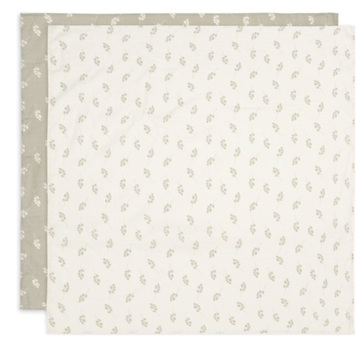 [471253] TETRA DOEK, 115x115cm, Small, Twig olive green, groen/ecru, all over print takjes, deken/wikkeldeken, 2 stuks