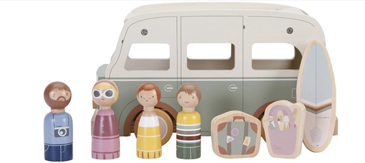 [444842] BUS, Van, Vintage, hout, +activities, vanaf 18 maanden,bus met 4 popjes, surfplank en bagage