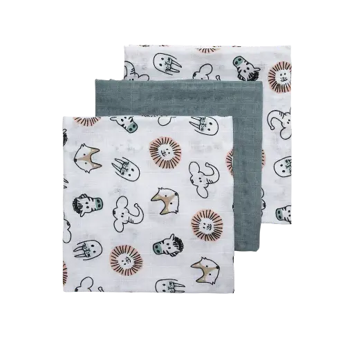 [389959] TETRA DOEK, 70x70cm, Animal, stone green, all over dierenprint/uni, handdoek/luierdoek, 3 stuk(s)
