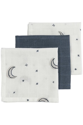 [472290] MONDDOEK, 30x30cm, Moon indigo, ecru/ grijs/blauw, all over print maan en sterren/uni, tetra, 3 stuks