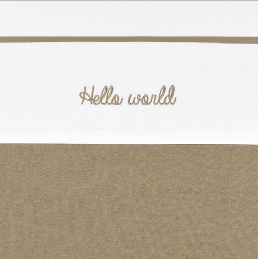 [472378] LAKEN, 75x100, Hello World taupe, wit/bruin, uni , brod Hello World, katoen, voor wieg/draagmand/park