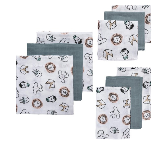 [472517] TETRA DOEK, Starterset 9-delig, Animal, stone green, wit/groen/bruin, dierenpr. , 3x washandje/monddoekje/luierdoek