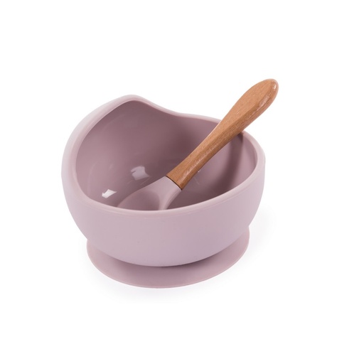 [381242] KOM, B-Suction Bowl Silicone & Spoon, rond, roze, silicone, met lepel, met zuignap, gebogen scheprand, bord