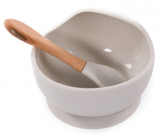 [381246] KOM, B-Suction Bowl Silicone & Spoon, rond, grey/grijs, silicone, met lepel, met zuignap, gebogen scheprand, bord