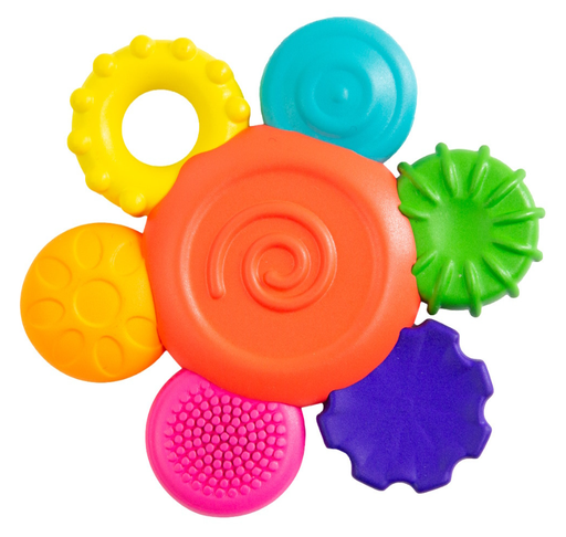 [457787] RAMMELAAR/BIJTRING, Sensory Toys, Silicone flower rattle teether, silic /kunststof, +muziek, vanaf 3 maanden