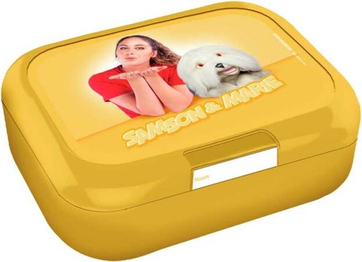 [436529] KOEKENDOOS, Samson en Marie, geel, print Samson en Marie, kunststof, met sticker voor naam