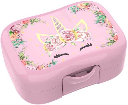 [442540] KOEKENDOOS, Lunch Buddies, unicorn, roze, uni/bloemetjes en eenhoorn- gezichtje, PVC, 9.5x5x13cm