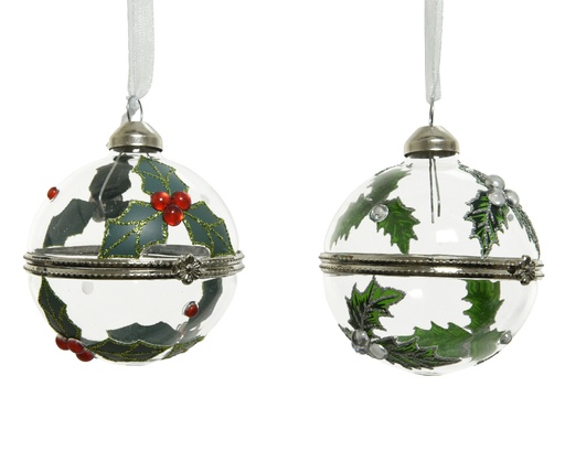 [412915] KERSTBAL, 8 cm, groen/transparant, glas, print hulst, met kralen, glad/ruw, glans/glitter, 2 uitvoeringen, 1 stuk(s)