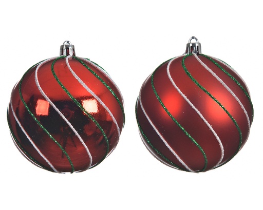 [434804] KERSTBAL, 8 cm, kerstrood, witte/groene diagonale lijnen, plastic, glad/ruw, mat/glitter, 2 modellen, 1 stuk(s)