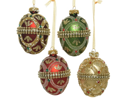 [435060] HANGFIGUUR, ei, dia 6 x H 8 cm, parel/ ossenbloed/dennengroen/kerstrood, glas, kralen, mat/glitter, 4 ass., 1 stuk(s)