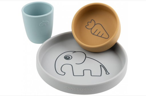 [430223] EETSET, Silicone Dinner Set, Elphee, grey/mustard/blue, siliconen, 3 delig: plat bord, kom, drinkbeker, 2024