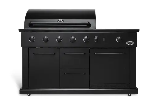 [502726] BARBECUE, Luciano Nero, 118x152x67cm, gas, inox/gepoedercoat, 4 br., infrarood zij-, achter+bodembr., koelkast, 2 lades