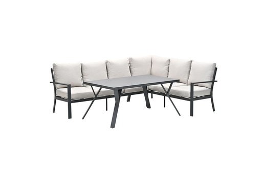 [472601] TUINSET, Sergio, loungeset, 3 delen: 2 driezitsbanken met hoek/tafel, carbon black, alu frame, kussens: desert sand