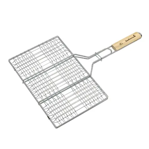 [9713] Barbecook | Rooster Hamburgergrill Verchroomd Staal Met Handvat In Rubberhout 35x3x52,5cm