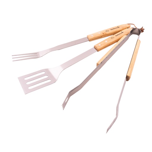 [21544] BARBECUESET, standaard set, rvs/hout, 3-delig, tang: L 40 cm, spatel: L 47 cm, vork: L 47 cm