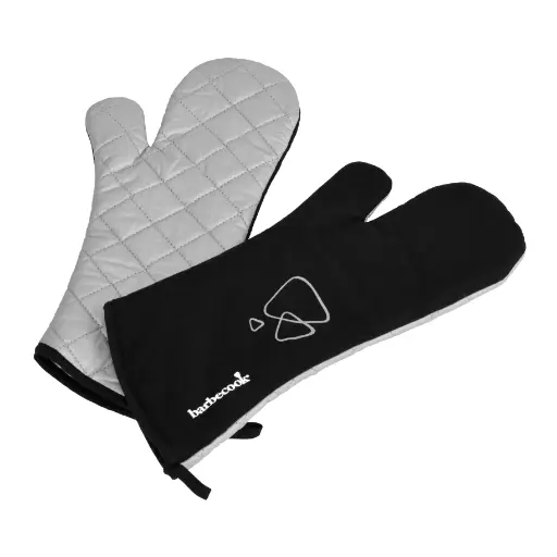 [233731] BARBECUEHANDSCHOEN, zwart/grijs, print logo en driehoekjes, katoen, 40 cm, aluminiumisolatie, links+rechts