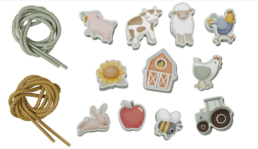 [476942] EDUCATIEF SPEELGOED, lacing beads, Little Farm, hout, af 36 M, 11 rijgkralen & 2 touwen