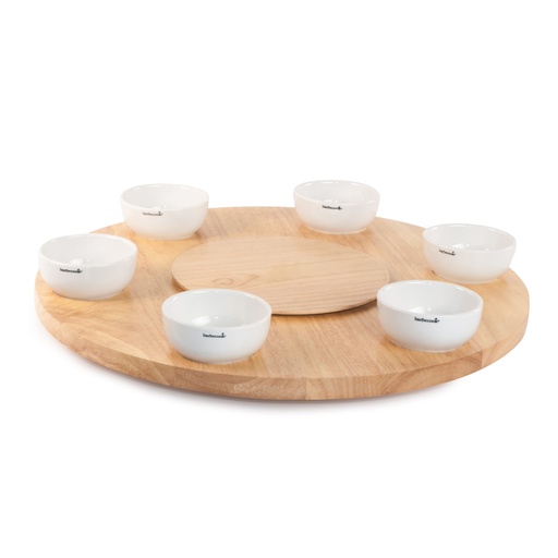 [137711] DRAAIPLATEAU, bruin, rubberhout, dia 48 x H 8.5 cm, incl. 6 kommetjes uit keramiek, geschikt voor barbecue Joya