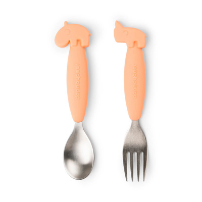 [456624] LEPEL/VORK, 2 delig, Easy-Grip Spoon And Fork Set, Deer Friends, coral, roze, uni, van 12 maand, bestek, 2024