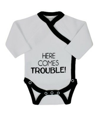 [419753] BODY, Here comes trouble!, wit/zwart, M:50-62, LM, boys/girls, geboortebody met overslag, V-hals, katoen, 1 stuk(s)