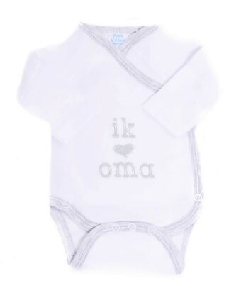 [306142] BODY, Ik hou van oma, M:50-62, LM, boys/girls, wit/grijs, uni/tekst: Ik hou van oma, geboortebody met overslag