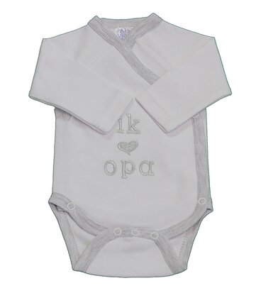 [306144] BODY, Ik hou van opa, M:50-62, LM, boys/girls, wit/grijs, uni/tekst: Ik hou van opa, geboortebody met overslag