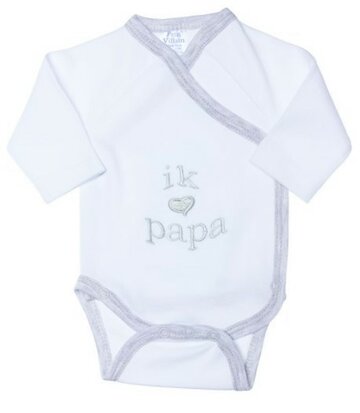 [306129] BODY, Ik hou van papa, M:50-62, LM, boys/girls, wit/grijs, uni/tekst: Ik hou van papa, geboortebody met overslag