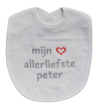 [306084] PetitVillain | Slabbetje Mijn Allerliefste Peter Badstof Wit/Grijs 25x34cm