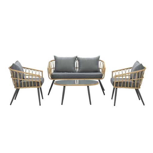 [422304] Garden Imp. | Tuinset Bali Loungeset 4 Delen: 2x 1-Zit/1x 2-Zit/Tafel Carbon Black Alu Natural Wicker Kussens: Mystic Grey 