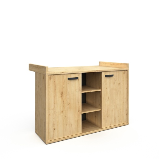 [530194] COMMODE, Lina, 136 x 89 (97) x 44 (76) cm, 3 x Open nis centraal, Artisanale eik, Zwarte greep op deuren links en rechts 