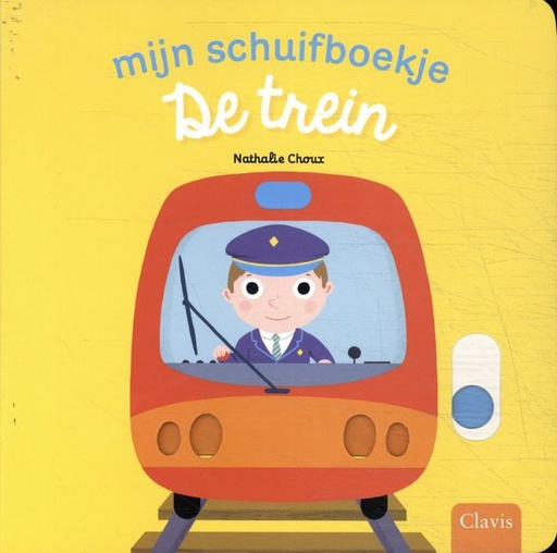 [451816] LEESBOEK, Mijn Schuifboekje, De Trein, Nathalie Choux, geel, trein met treinconducteur, vanaf 24m.