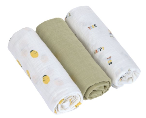 [536010] Laessig | Tetra Doek Swaddle & Burp Blanket Fruits Lemon 85x85cm 3-pack