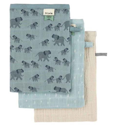[537325] Trixie | Washandje Enchanting Elephant 3-pack All Over Olifant Blauw/Ecru