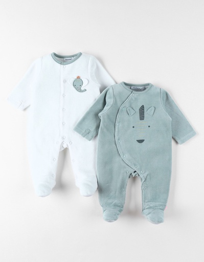Noukies | Pyjama Crazy Safari Velours Olifant/Zebra Groen/Wit 2-pack