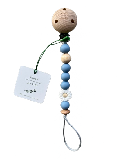 [546329] Klein Atelier | Fopspeenketting Newborn Houten Clip Bloem Wit Kralen Powder Blue Blauw 17cm