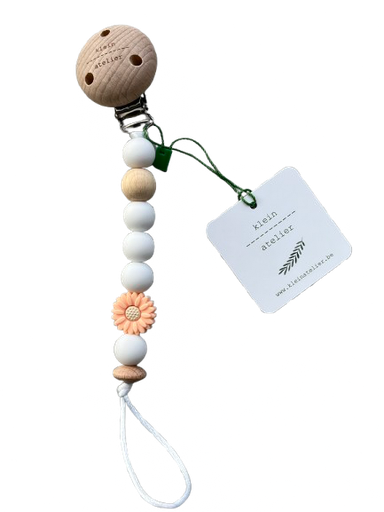 [546333] Klein Atelier | Fopspeenketting Newborn Houten Clip Bloem Soft Pink KralenWhite Wit 17cm