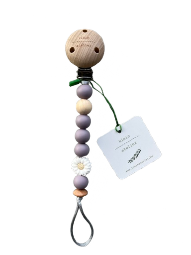 [546334] Klein Atelier | Fopspeenketting Newborn Houten Clip Bloem Wit Kralen Lavender 17cm