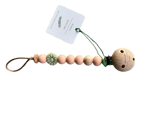 [546335] Klein Atelier | Fopspeenketting Newborn Houten Clip Bloem Soft Green Kralen Peachy 17cm
