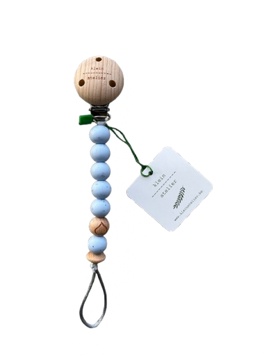 [546339] Klein Atelier | Fopspeenketting Newborn Houten Clip Hart Kralen Speckels Soft Blue Blauw 17cm
