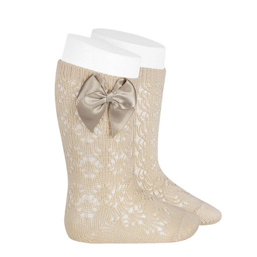 Condor | Kniekousen Perle geometric openwork knee-high socks with bow Lino