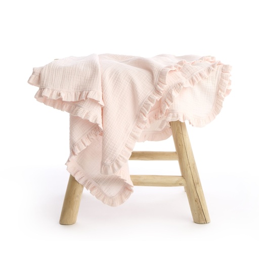 [550345] Living Nature | Luxe Deken Delphine organische tetra met ruffles 120x120cm peachy pink