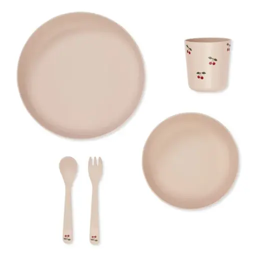 [460009] EETSET, Pla Dinner Set, cherry, ecru/ roze, uni/print kersen, 5 delig: diep bord, kom, lepel, vork, drinkbeker