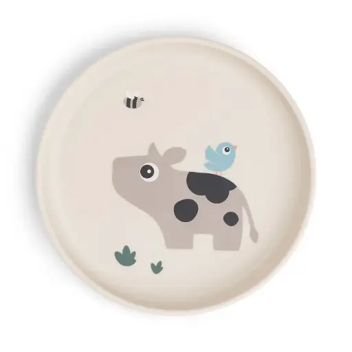 [551268] Done by Deer | Plat Bord Tiny Farm Rond Koe/Vogel Sand Beige