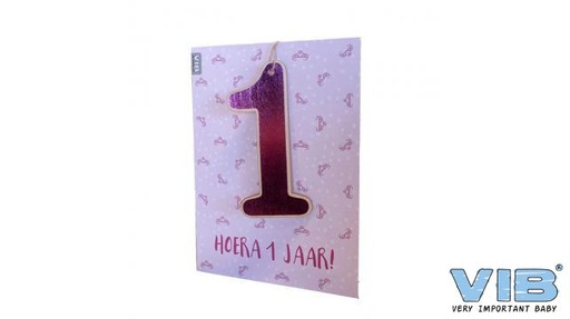 [553882] VIB | Wenskaart Hoera 1 Jaar Houten Hanger Roze