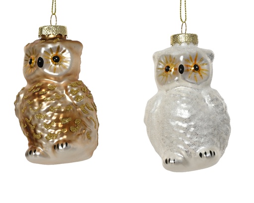 [559509] Kaemingk | Kerstbal Glas Assortiment Uil Bruin/Wit