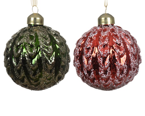 [559617] Kaemingk | Kerstbal Glas Besneeuwd Assortiment Groen/Rood Ø8cm