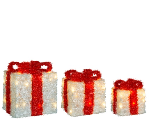 [560375] Lumineo | Verlichting Cadeaudozen met Rode Strik Lametta 15cm (14L) - 20cm (20L) - 25cm (30L) Led Warm Wit Indoor Snoer 1,5m IP20 3-pack