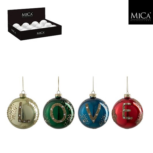 [561754] Mica | Kerstbal LOVE L.Goud O.Groen V.Blauw O.Rood  Assortiment Glas Ø10cm 