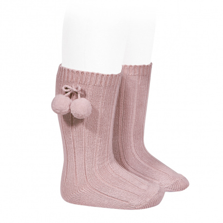 Condor | Kousen Rib met Pompon Kniekous Pale Pink